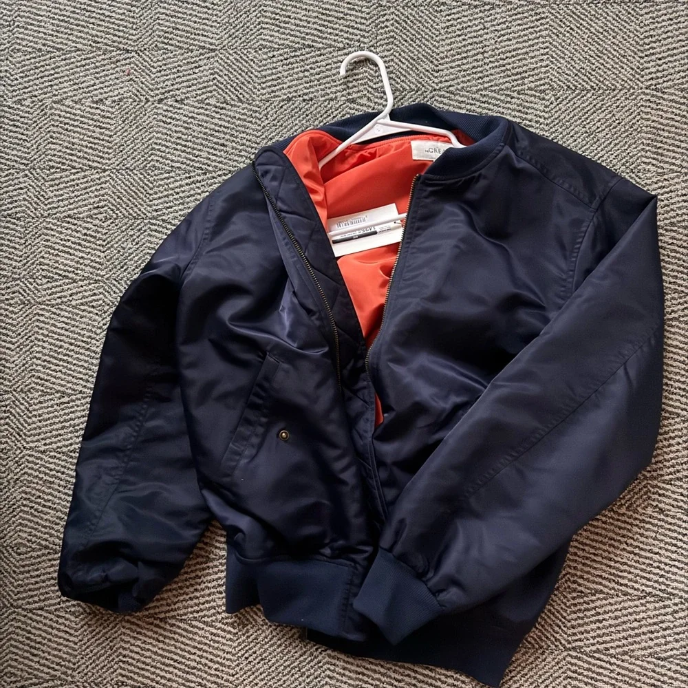 THE GREAT. Navy Bomber Jacket with Orange Lining NWT - Picture 8 of 11